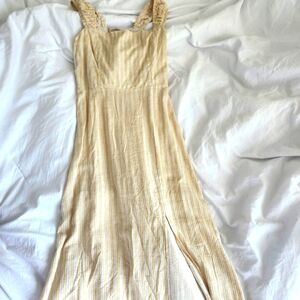 Women's Striped Yellow/Cream Maxi Dress With Lacey Strap Detail and Lace Up Back